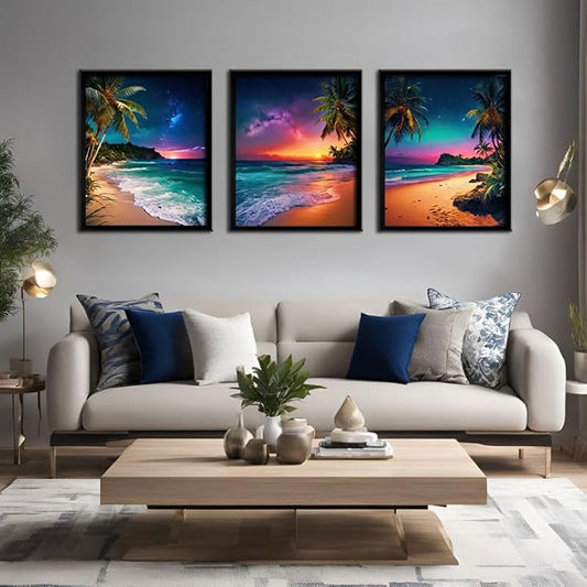 Beach Sunset Black Framed Wall Art for Living Room Tropical Ocean Canvas Prints Northern Lights Aurora Natural Landscape Painting Large Wall Decor for Bedroom Office Dining Room 16"x24"x3pcs