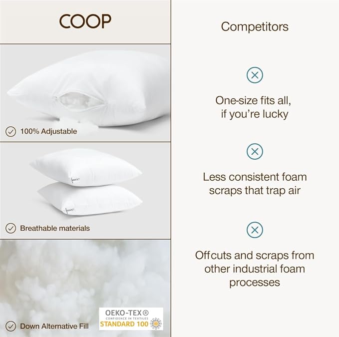 Coop Home Goods Essence Adjustable Throw Pillow Inserts 20x20, Set of 2, Adjustable Down Alternative Cushions for Couch, Bed, or Chair, Decorative Square Pillows for Living Room, Oeko-Tex Certified