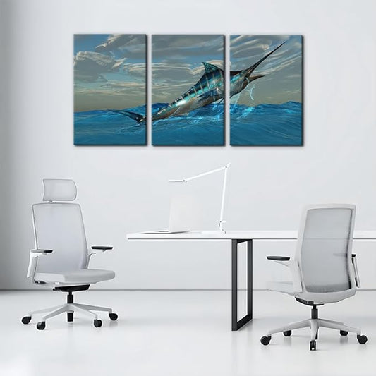 Pacimo Fish Canvas Art Wall Decor Blue Marlin Fish Bursts from Ocean Waters Pictures Prints on Canvas Tropical Animal Paintings 3 Panels Modern Artwork Home Decoration Framed Ready to Hang - 16"x24"x3