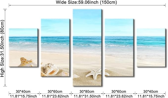 Pyradecor Seashell Large 5 panels Seascape Canvas Prints on Modern Stretched Canvas Wall Art Sea Beach Pictures Artwork for Living Room Bedroom Home Decorations L