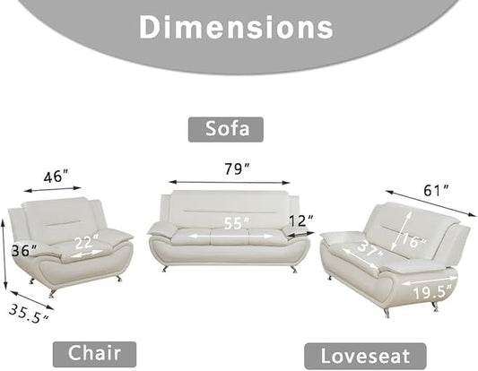 Living Room Furniture Sets, Creamy White Leather Sofa for Apartment, Living Room Sofa Couches Loveseat and Chair for Bedroom, Office