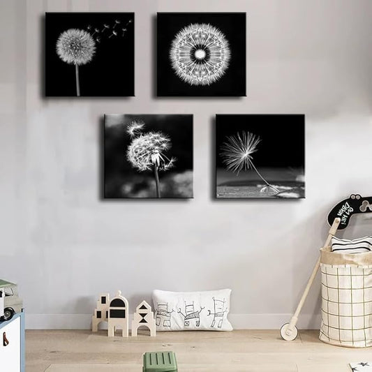 weiyiart Black and White Floral Wall Art, Dandelion Canvas Painting Prints Artwork, Rustic Minimalist Flower Botanical Pictures for Farmhouse Bathroom Bedroom Living Room Decor, 16x16x4pcs