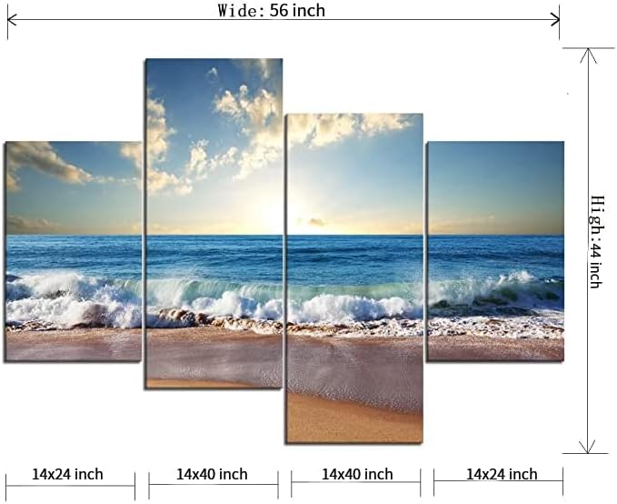 Modern Landscape Beach Ocean Wave Pictures Painting on Canvas 4 Piece Combination Set Landscape Pictures Wall Art for Living Room Home Decor Wooden Framed Stretched Ready to Hang (56" W x 44" H)