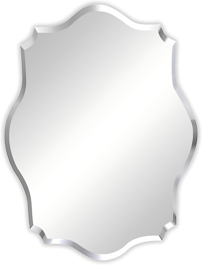 Frameless Scalloped Wall Mirror: Decorative Scallop Oval Mirrored Glass Vanity with Beveled Silver Edge for Bathroom Bedroom Livingroom Dining Room Entryway Hallway, 32 x 24 inch