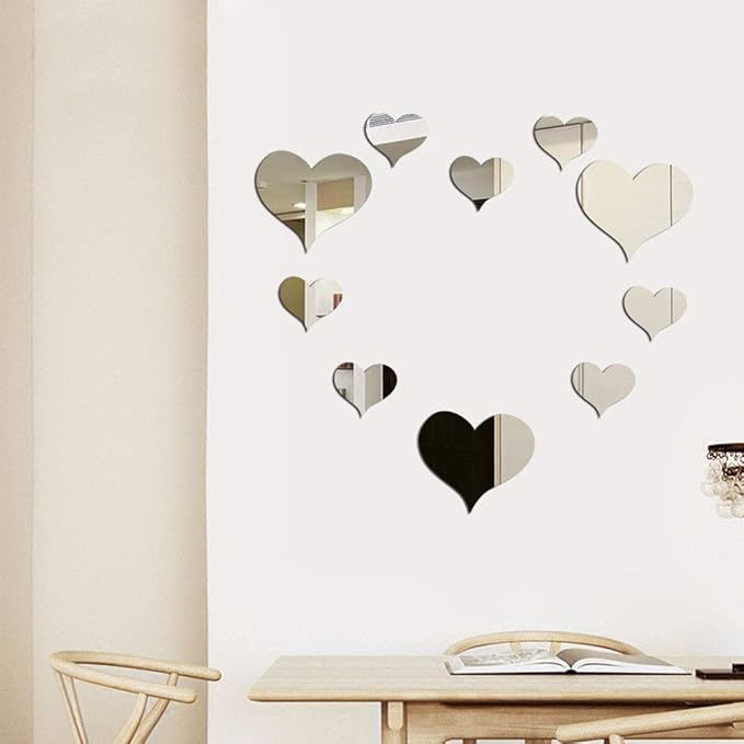 mollensiuer 1 Set Total 10 Pieces Heart Shape Acrylic Mirror Wall Stickers Plate Self Adhesive Mirror Stickers Mirrors for Wall Decor,Wedding Table Centerpiece, Art Wall Decoration (Silver)
