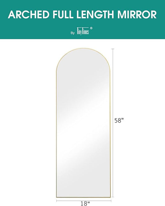Arched Full Length Mirror, 58"x18" Floor Mirror with Stand, Large Full Body Mirrors, Arch Wall Mirror, Big Full Size Mirrors for Bedroom, Aluminum Frame, Gold