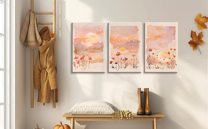 Eysintum 3 Panel Blush Sunset Wall Art, Watercolor Floral Canvas Prints, Wildflower Landscape Artwork, Boho Aesthetic Pink Nature Decor for Bedroom Living Room Home Office, Rustic Botanical Art, Ready to Hang 12x16in