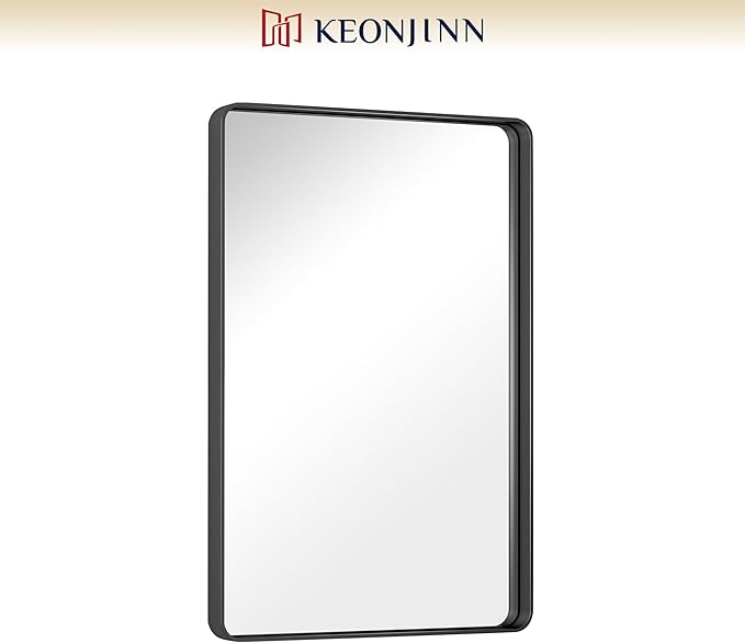 Keonjinn Black Bathroom Mirror for Vanity, 24" x 36" Matte Black Metal Framed Rounded Rectangle Farmhouse Mirror, Tempered Glass, Anti-Rust Sandblasted Finish Decorative Mirrors(Horizontal/Vertical)