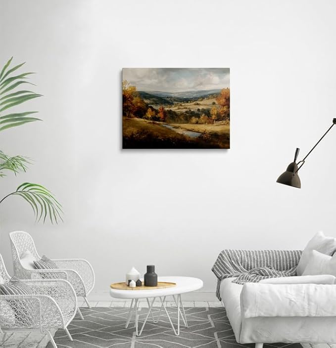 Autumn Mountain Landscape Canvas Wall Art Framed Oil Painting Moody Forest Stream Rolling Hills Calming Nature Scene Wall Decor Artwork Print Poster for Living Room Office 12x16 Inches