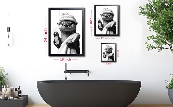 ARKZSHO Black and White Bathroom Wall Art, Funny Otter Is Getting Ready Bath Canvas Print Picture, Modern Farmhouse Wall Decor Painting, Cute Animal Bathroom Restroom Home Decoration 16x24 Inch Wood Framed