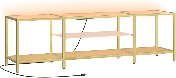 HOOBRO TV Stand with LED Lights and Power Outlets for TVs up to 75", Modern 70.9 Inch Tempered Glass TV Console Table with Open Shelves, Media Entertainment Center for Living Room, Gold GD185UDS01
