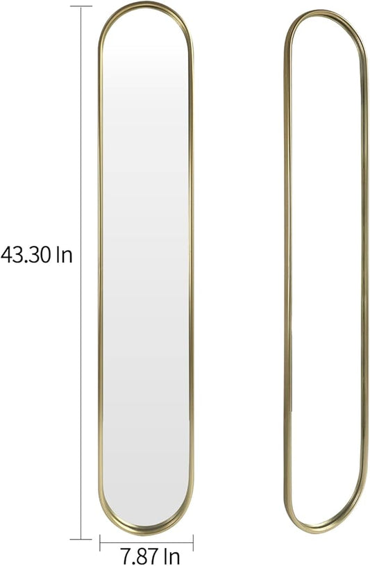 OUSHUAI Gold Full Length Oval Mirror,Narrow Capsule Long Mirrors with Metal Frame for Entryway,Hallway,Living Room 44"X8" (1pc)