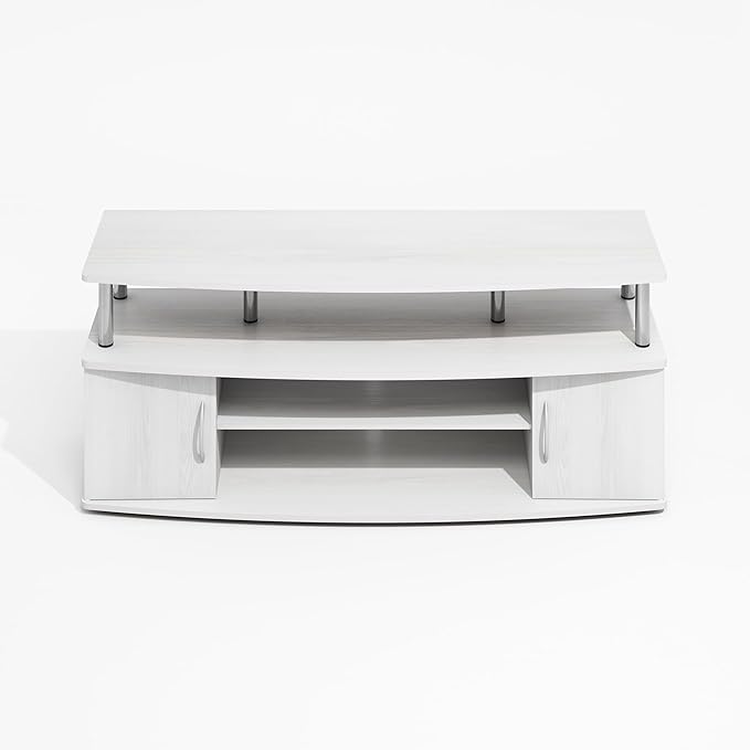 Furinno Jaya TV Stand, Entertainment Center, TV Console, for TV up to 55 Inch, with 2 Doors and Cable Management Holes, for Living Room, Bedroom, White Wood/Stainless Steel Tubes