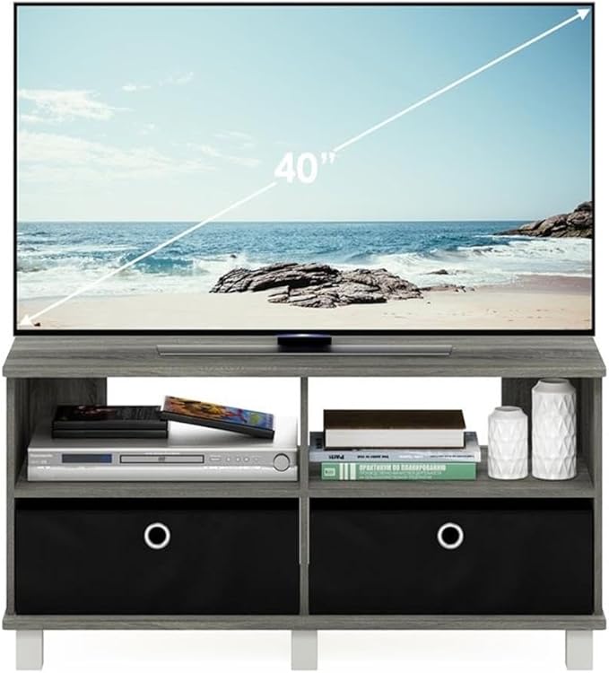 Furinno Andrey Entertainment Center with Bin Drawers, French Oak Grey/Black