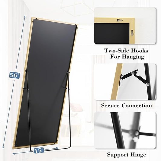 NEWBULIG Mirror Full Length, 56"x15" Body Wall Mirrors with Shatter-Proof Glass, Upgraded Floor Standing Mirror, Hanging or Leaning, with Stand Aluminum Alloy Frame for Home Decor, Bedroom, Gold