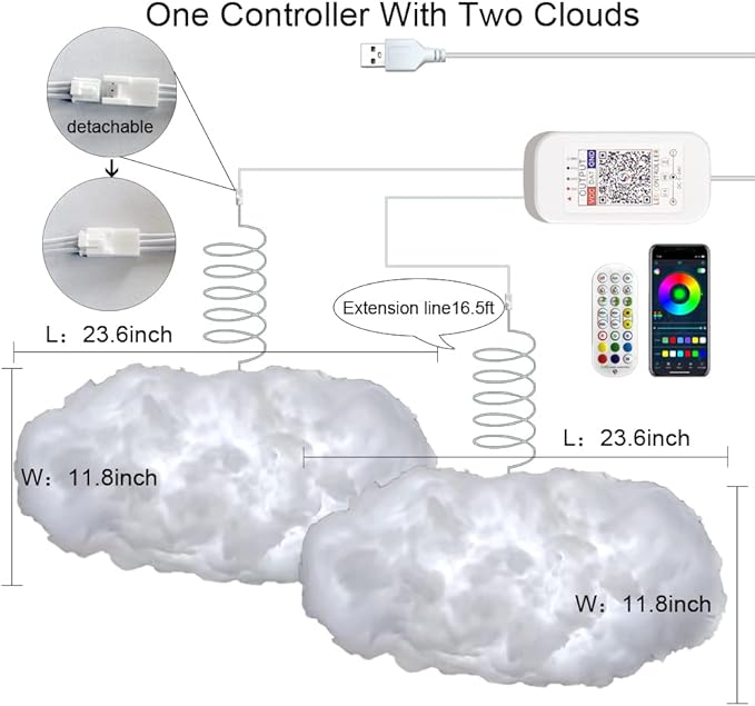 ZOKON 2PCS 3D Big Cloud lightning Light Kit Music Sync Warm Multicolor lightning Changing Strip Lights 360 Degree Wireless Remote APP NO DIY Coolest Decorations for Adults and Kids Indoor Home Bedroom