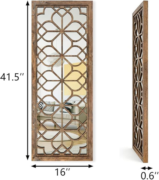 Set of 2 16x41.5 Inch Large Carved Floral Wood Frame Wall Mirrors, Shatterproof Boho Farmhouse Rustic Accent Mirrors for Living Room, Bedroom, Bathroom, Entryway & Home Wall Decor (Redbrown)