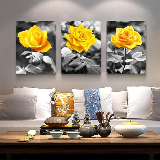 Lapremoly Black And White Wall Paintings Canvas Wall Art For Bedroom Wall Decor For Kitchen Living Room Office Decorations Yellow Rose Flowers Pictures Modern Room Home Walls Artwork Decor 3 Piece