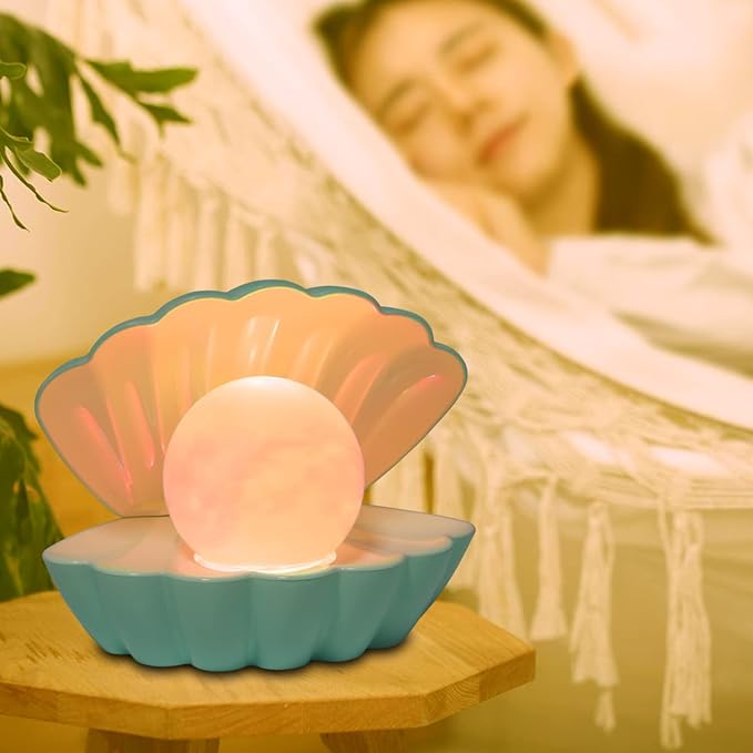 LKUA Shell Pearl Beach Themed Night Light, RGB 8 Colors Changing Mood Shell Pearl Lamps, Bedside LED Clamshell Portable Night Lights for Bar (Green)