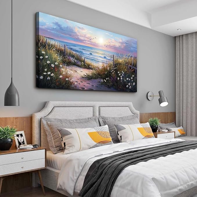 hyidecorart Large Wall Art For Living Room Canvas Wall Decor For Bedroom Blue Ocean Artwork Pictures Flower Beach Scenery Wall Painting Framed for Office Hotel Decor Modern Posters Home Decorations