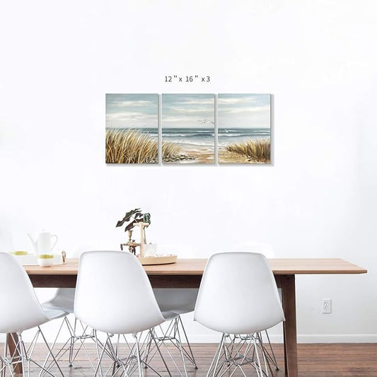Abstract Beach Picture Wall Art: Coastal Grass Seascape Artwork Print on Canvas for Walls (12”x16”x3pcs)