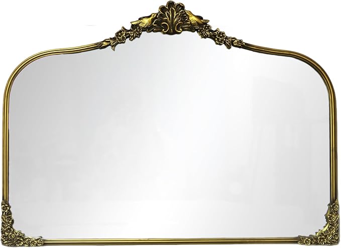 Antique Baroque Vintage Vanity Mirror 25x36Inch, Gold with Ornate Antique Frame, Arched Vintage Wall Mirror for Living Room, Fireplace, Entryway