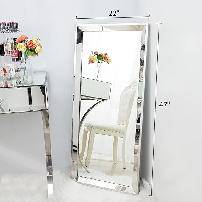 Chende 22" X 47" Angled Large Wall Mirror for Decor, Rectangular Decorative Mirror with 2" Big Beveled Edge and Stainless Steel Frame for Living Room, Bathroom, Entryway, Hang Horizontal/Vertical