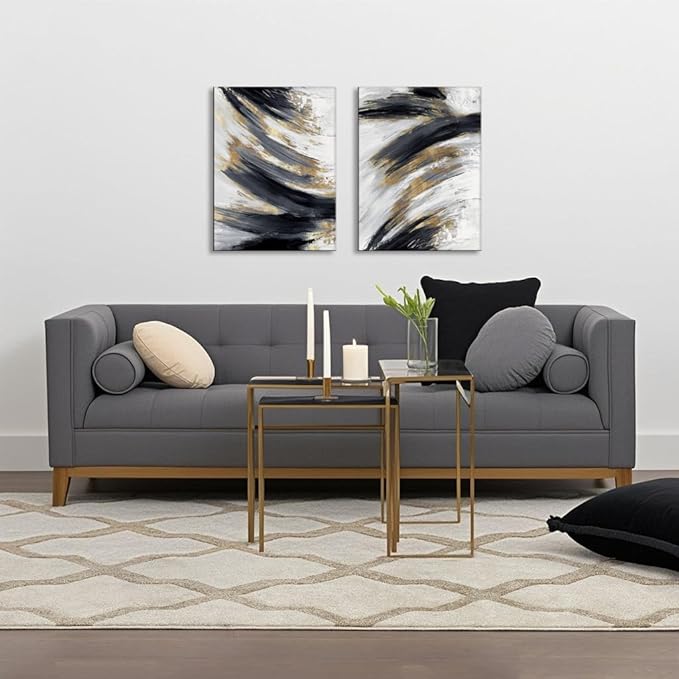 Chadow Artwork 2 pieces Black and Gold Abstract Wall Art 2 Pack Black and White Canvas Wall Decor Modern Framed Artwork for Living Room Bedroom Office Décor Ready to Hang 12"x16"(30cmx40cm)