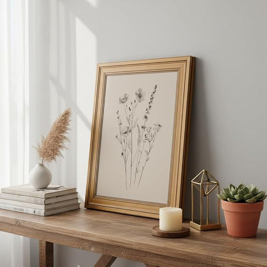 Vintage Gold Framed Canvas Wall Art, Minimalist Floral Poster Artwork, Wildflower Print Picture, Flower Plant Painting Wall Decor, for Living Room, Bedroom, Farmhouse, Home Decoration, 9x11in
