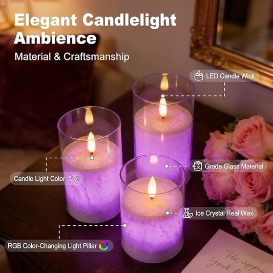LEDHOLYT Rechargeable Ice Crystal Glass Flameless Candles, RGB Color Changing Realistic Flickering Flameless Candles with Remote & Timer,Best Festival Wedding Home Party Decor - Set of 3