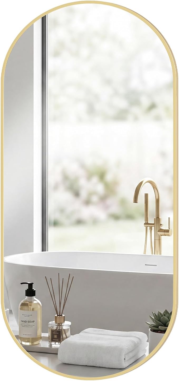 Sweetcrispy 24" x 48" Gold Bathroom Mirror for Wall, Oval Wall Mirror with Metal Frame, Tempered Glass, Modern Vanity Mirror for Over Sink, Living Room, Bedroom, Entryway, Horizontal or Vertical