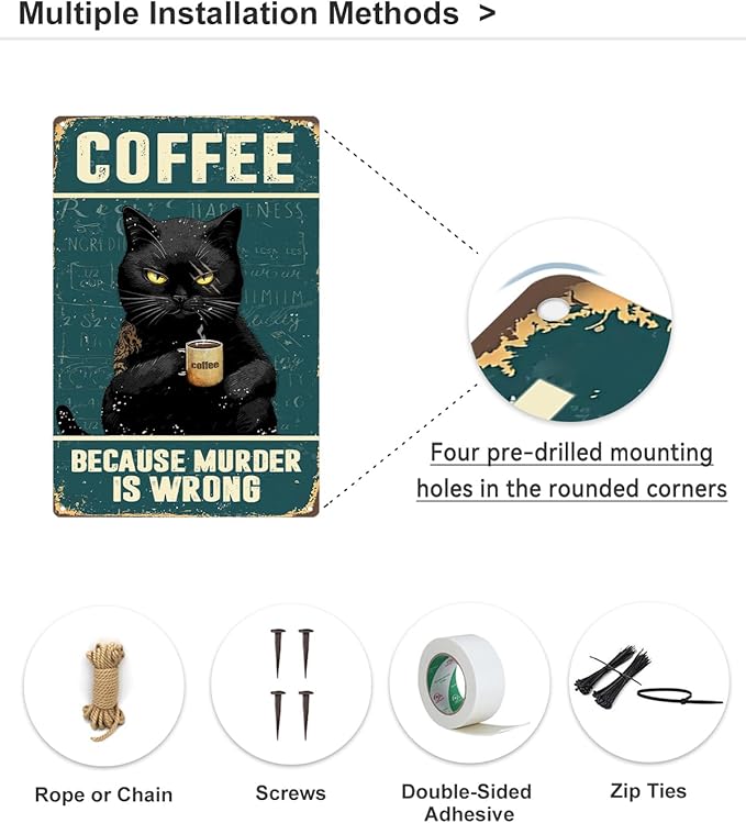 ALKB Black Cat Coffee Sign Vintage Kitchen Sign,Because Murder Is Wrong, Gift for Coffee Lover 8x12 Inch