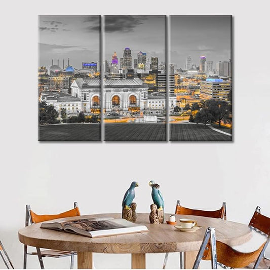 3 Panel City Skyline Black and White Wall Art Kansas City Missouri Skyline Wall Decor for Living Room Skyscrapers Artwork Wall Decor for Bedroom Posters and Prints Framed Ready to Hang (36"Wx24"H)