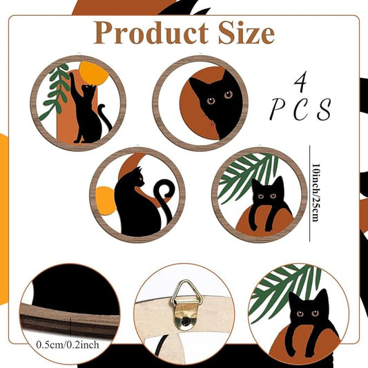 XFN 4PCs 3D Boho Cat Hanging Wooden Wall Art Wall Decor, Botanical Wall Decor Bohemian Decor, Cat Lover Gifts, Wooden Sign Wood Art Wood Plaque Home Decor for Living Room Bedroom Farmhouse Bathroom