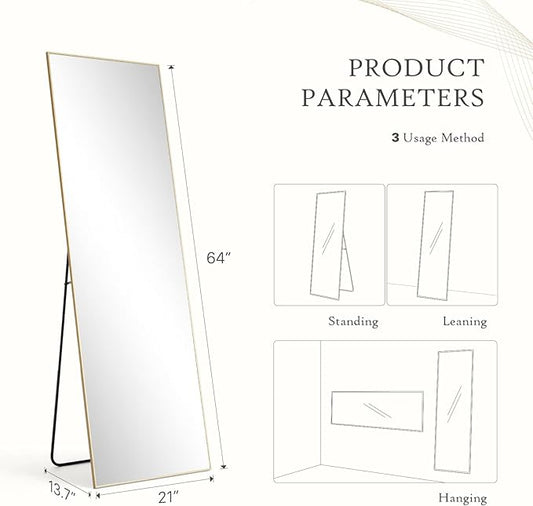 Mirror Full Length, Upgraded 21"x64" Body Wall Mirrors with Shatter-Proof Glass, Floor Standing, Hanging or Leaning, Tall Mirror with Stand Aluminum Alloy Frame for Bedroom, Gold