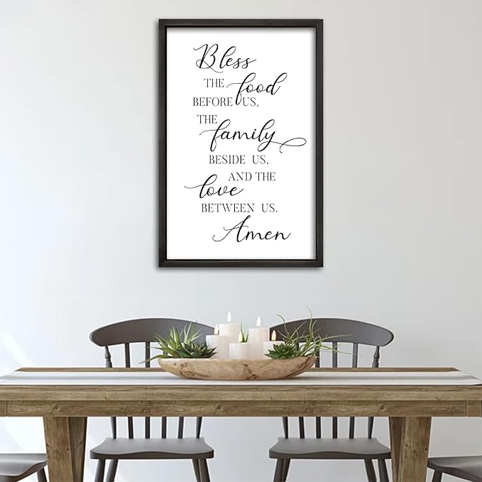 comurdyo Kitchen Wall Decor Bless the Food Before Us Prayer Farmhouse Christian Sign 16"×11" Framed Wood for Small Modern Religious Holy Dining Room Kitchen Plaque Wall Art Hanging (Black)