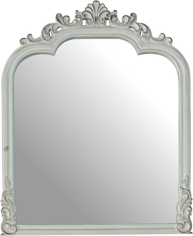 White Arched Wall Mirror, Antique Baroque Wall Mirror Decoration, Fireplace/Entrance/Living Room/Bedroom/Kitchen/Farmhouse/Bathroom Home Decor。(19.8"x15.7"