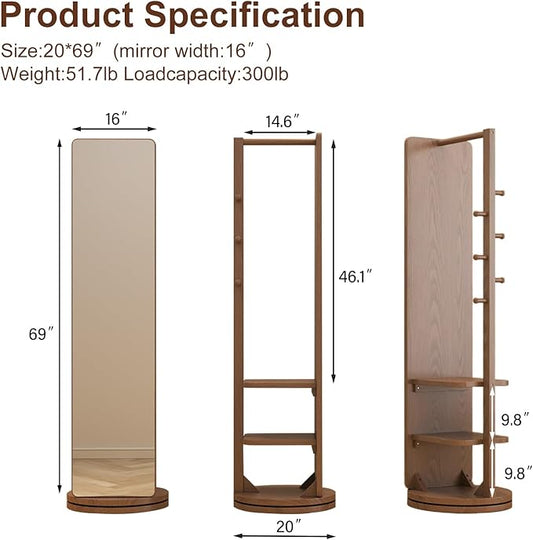 WoodsWhisper Full Length Mirror Coat Rack Solid Wood Floor Mirror 70"x16" Full Length Mirror with Stand Long Mirrors for Bedroom,Living Room (Walnut, 70" L x 16" W)
