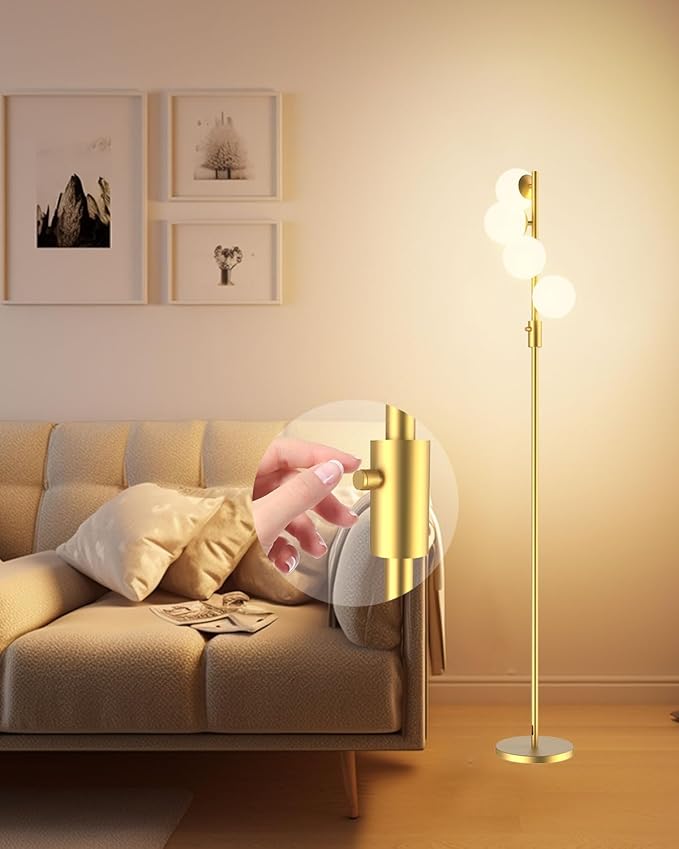 Lightdot 64IN Dimmable Globe Floor Lamp, Modern Gold Standing Lamps with 4PCS Warm White Bulbs Included,Mid Century Floor Lamp with 5Lbs Heavy Base for Living Room/Bedroom/Sofa Beside/Corner Decor