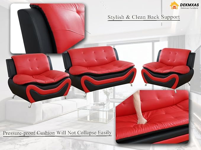 Living Room Furniture Sets, Black&Red Faux Leather Sofa Couches, 3PCS Living Room Sofa Sets, Loveseat and 2 Chairs for Bedroom, Rv Car, Office