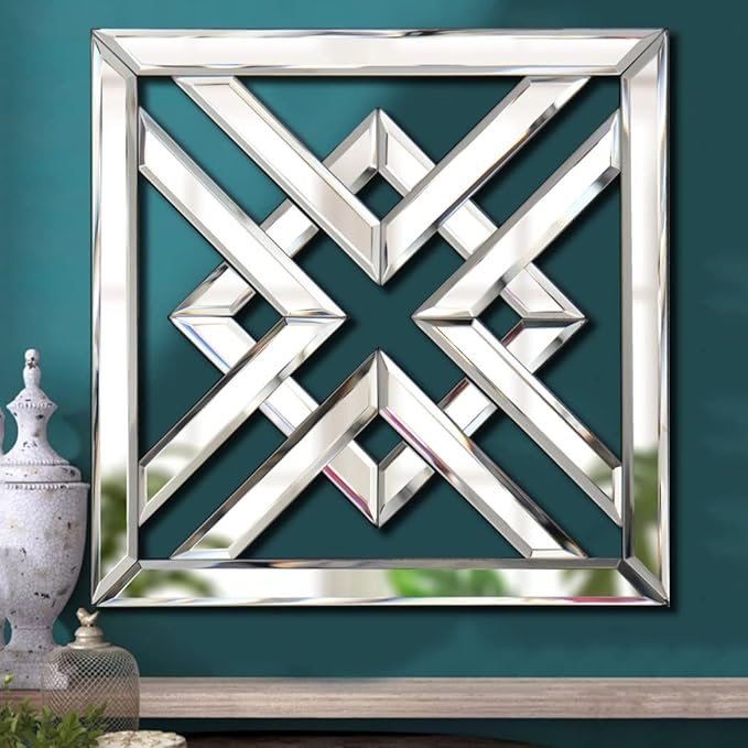 QMDECOR Silver Mirrored Wall Decor 16x16" Modern Fashion DIY Wall-Mounted Mirror X Design Gorgeous Glam Accent Vintage Chic for Room and Home