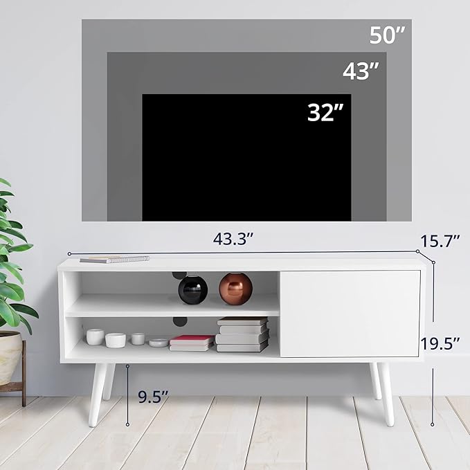 Cozy Castle TV Stand for 48-55 Inch TV, Mid Century Modern Entertainment Center with Storage Cabinet, TV Media Console with Charging Station for Living Room (White, 43.3" W x 15.7" D x 19.5" H)