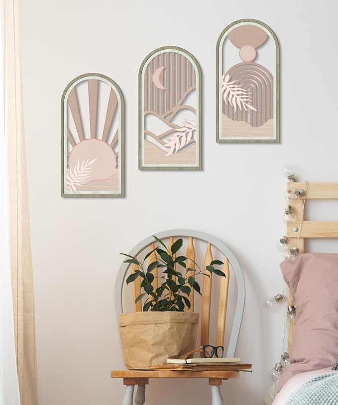 Putuo Decor Boho Sun Wall Art Set of 3, Abstract Pink Artwork, Mid Century Modern MDF Wooden Wall Decor for Living Room Bedroom Office, Arch Design 16x8in