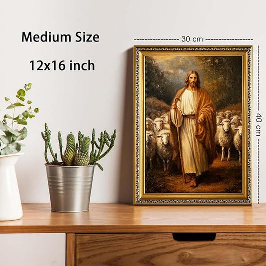 WZGZXU Vintage Gold Framed Wall Art Jesus Wall Decor Christian Canvas Art Jesus Sheep Pictures Religious Painting Print For Living Room Bedroom Church 12X16in
