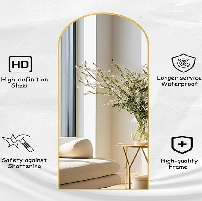 Rowjut Floor Full Length Mirror, Arched Mirrors Full Length 81"x41" Freestanding Large/with Aluminum Frame & Wall Mounted & Hanging or Leaning & Full Body Mirror for Bedroom, (Gold)