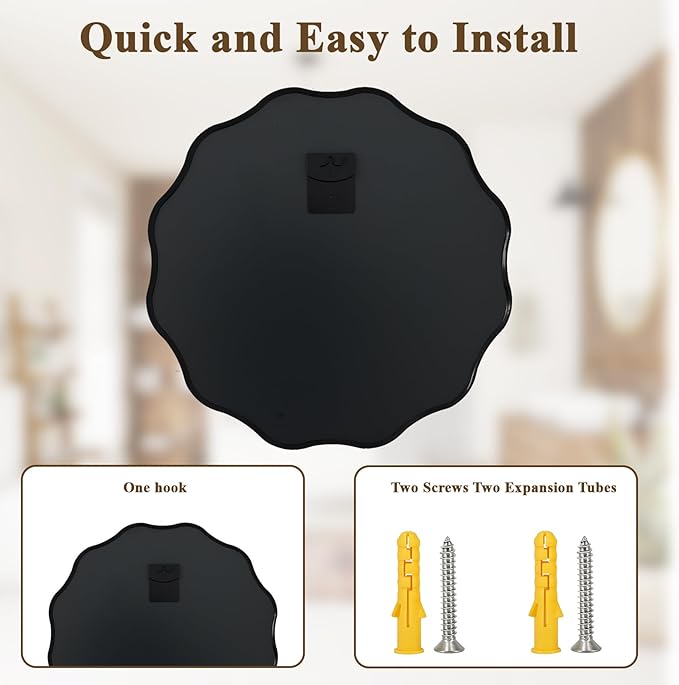 VooBang Black Scalloped Circle Mirror, 20" Wavy Edge Round Wall Mirror with Tempered Glass Textured Circular Metal Deep Frame, Hanging Leaning for Bathroom, Hallway, Entryway, Livng Room