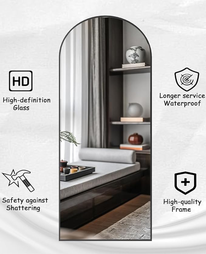 Rowjut Floor Full Length Mirror, Arched Mirrors Full Length 76"x34" Freestanding Large & with Aluminum Frame&Wall Mounted & Hanging or Leaning& Full Body Mirror for Bedroom, Black