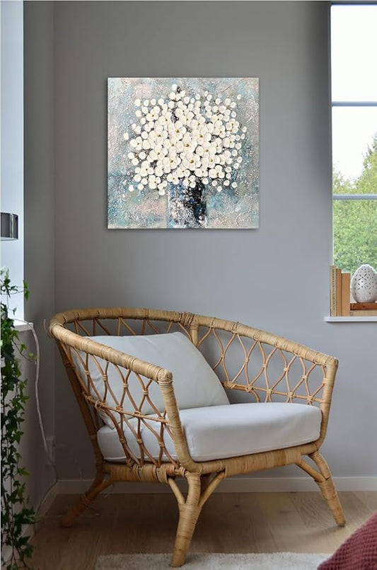 Waowumar Flowers Canvas Wall Art Blue and White Blossom Pictures Contemporary Palette Knife Floral Textured Painting for Bedroom Living Room Decor