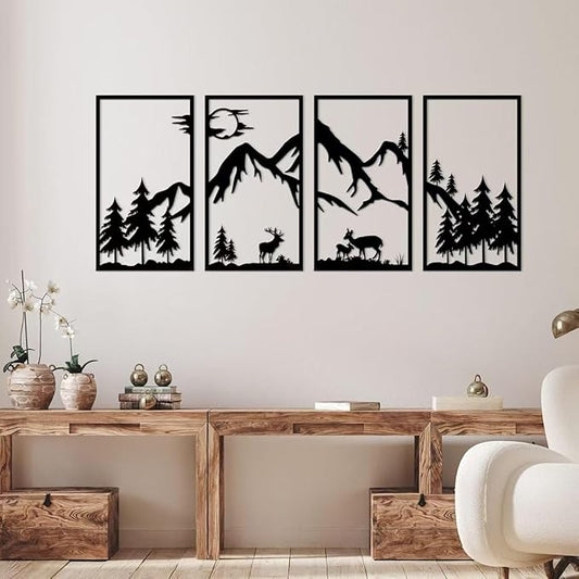 GSANMU Metal Tree Mountain Wall Decor - 4 Pcs beautiful black Sunrise Hanging Wall Art decor for Living Room and Bedroom 17×9.5inch