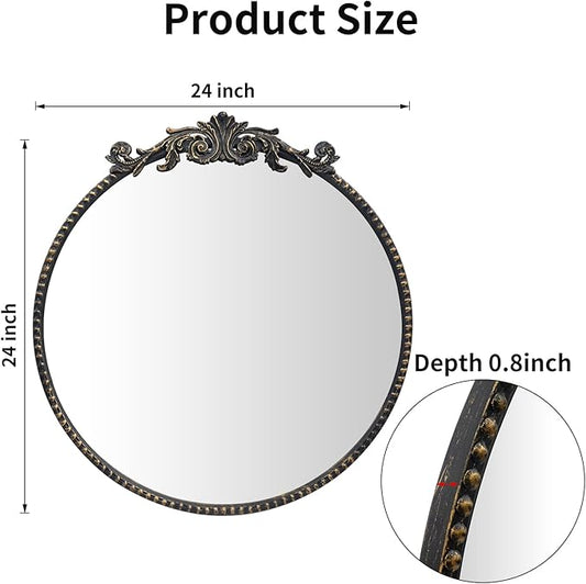 Round Mirror, 24''Baroque Style Circle Mirror Vintage Black Metal Frame Wall Mirrors for Vanity, Bathroom or Bedroom